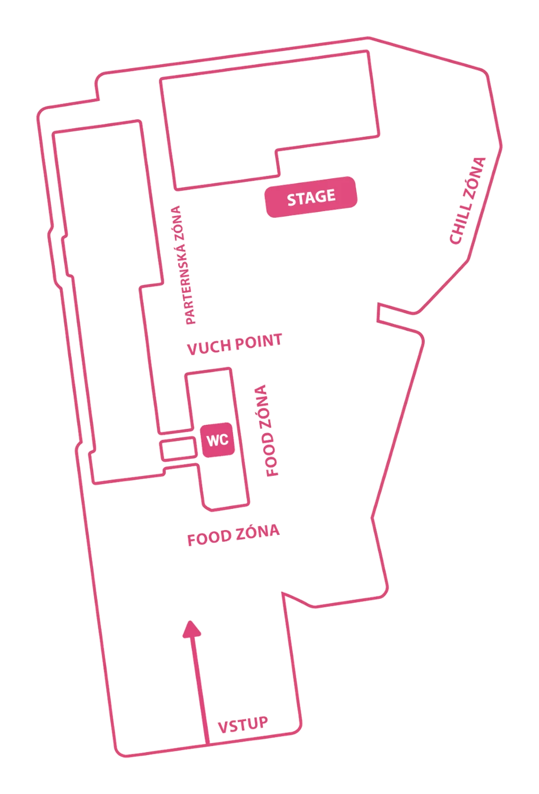 Nákres areálu VUCHfest — vstup, pódium, food zóna, merch, bar, WC, chill zóna